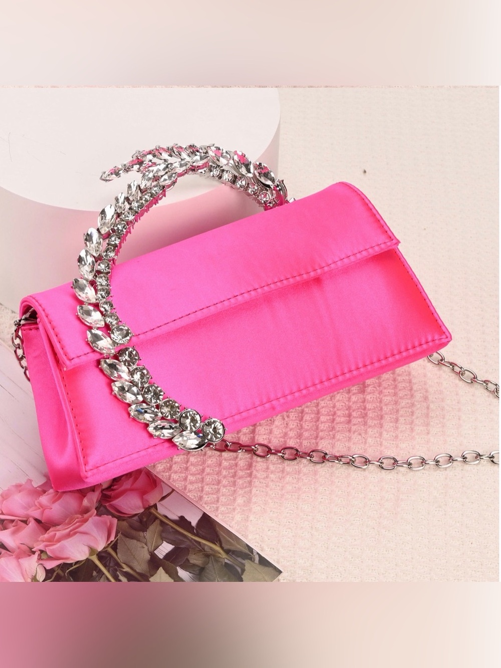 Cityclassified Hot Pink Satin Clutch with Crystal-Embellished Handle - Picture 8 of 11